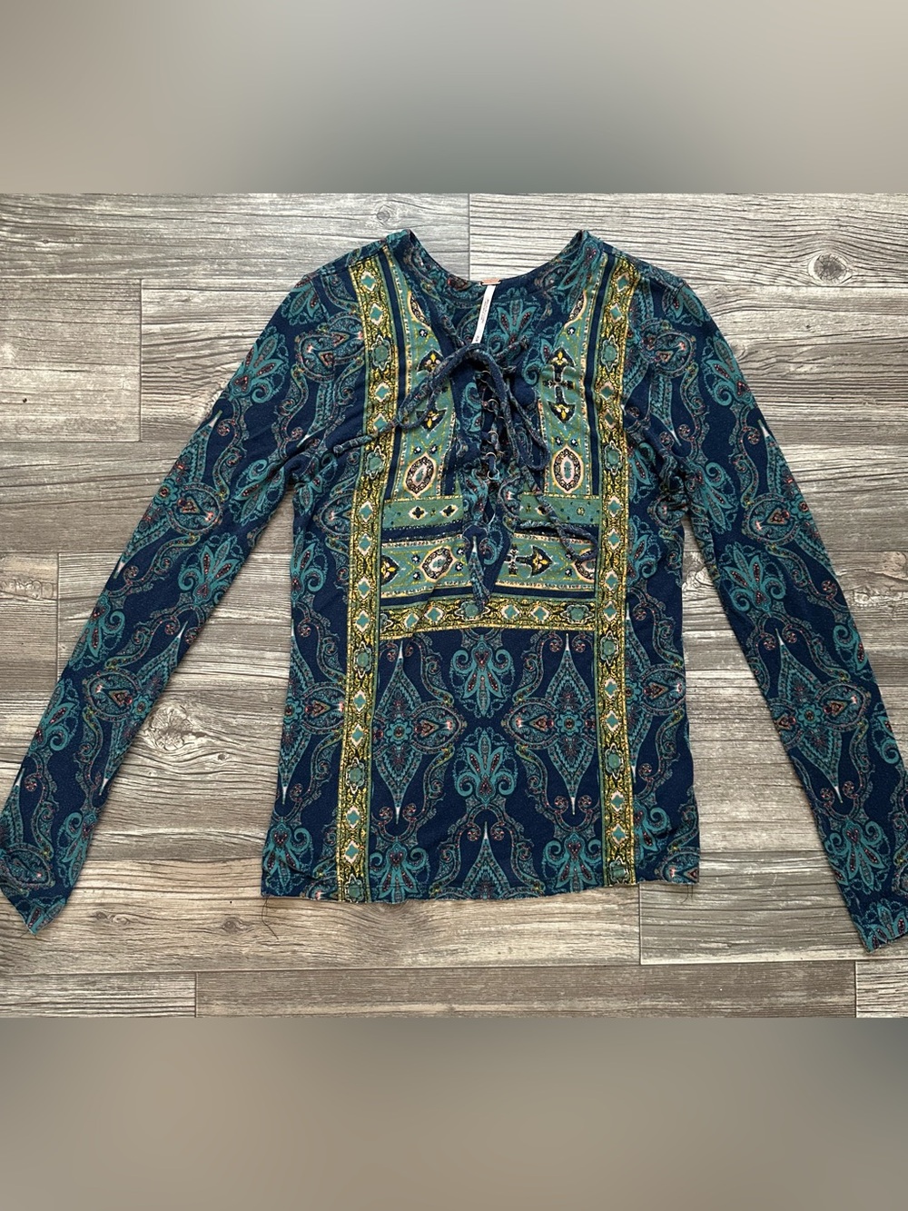 Free People Navy Teal Paisley Lace-Up Long Sleeve Top